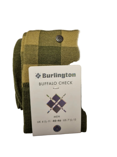 A folded Burlington Buffalo Check tie in olive green and tan, with its white paper tag attached, photographed on a white surface.