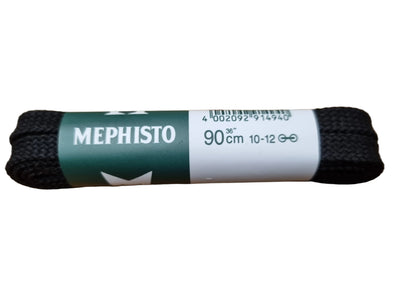 A pair of black shoelaces wrapped in a green and white paper band labeled 'MEPHISTO' and '90 cm 10-12', placed on a wooden surface.
