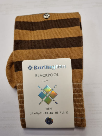 A pair of Burlington Blackpool men's socks with brown and mustard yellow horizontal stripes, folded with a white paper brand tag attached.